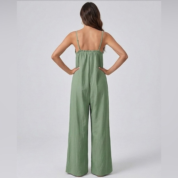 Boho Ruffle Trim Loose Fitting Wide Leg Jumpsuit Green - Picture 4 of 6